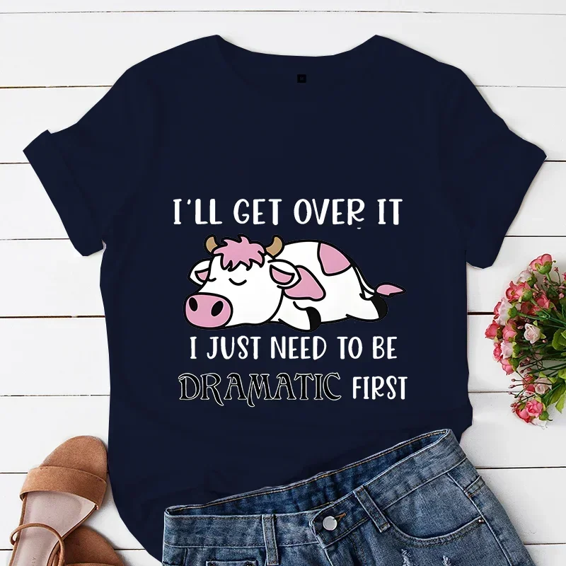 Cute Sleepy Lazy Cow Cartoon Women's Clothing Casual cotton T-shirts Women Short Sleeve TShirts Dramatic Cartoon Women T-Shirt