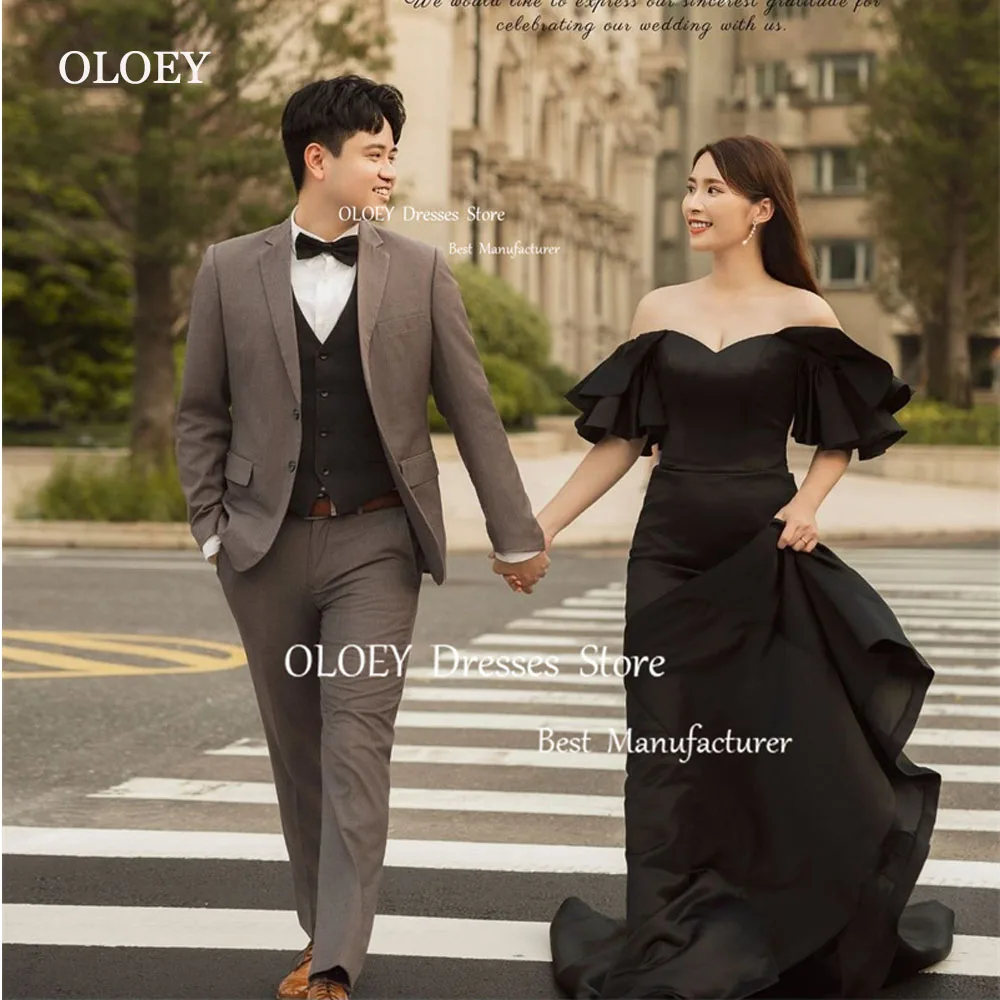 

OLOEY Sexy Off Shoulder Black Evening Dresses Korea Wedding Photoshoot Short Sleeves Silk Formal Party Dress Corset Back