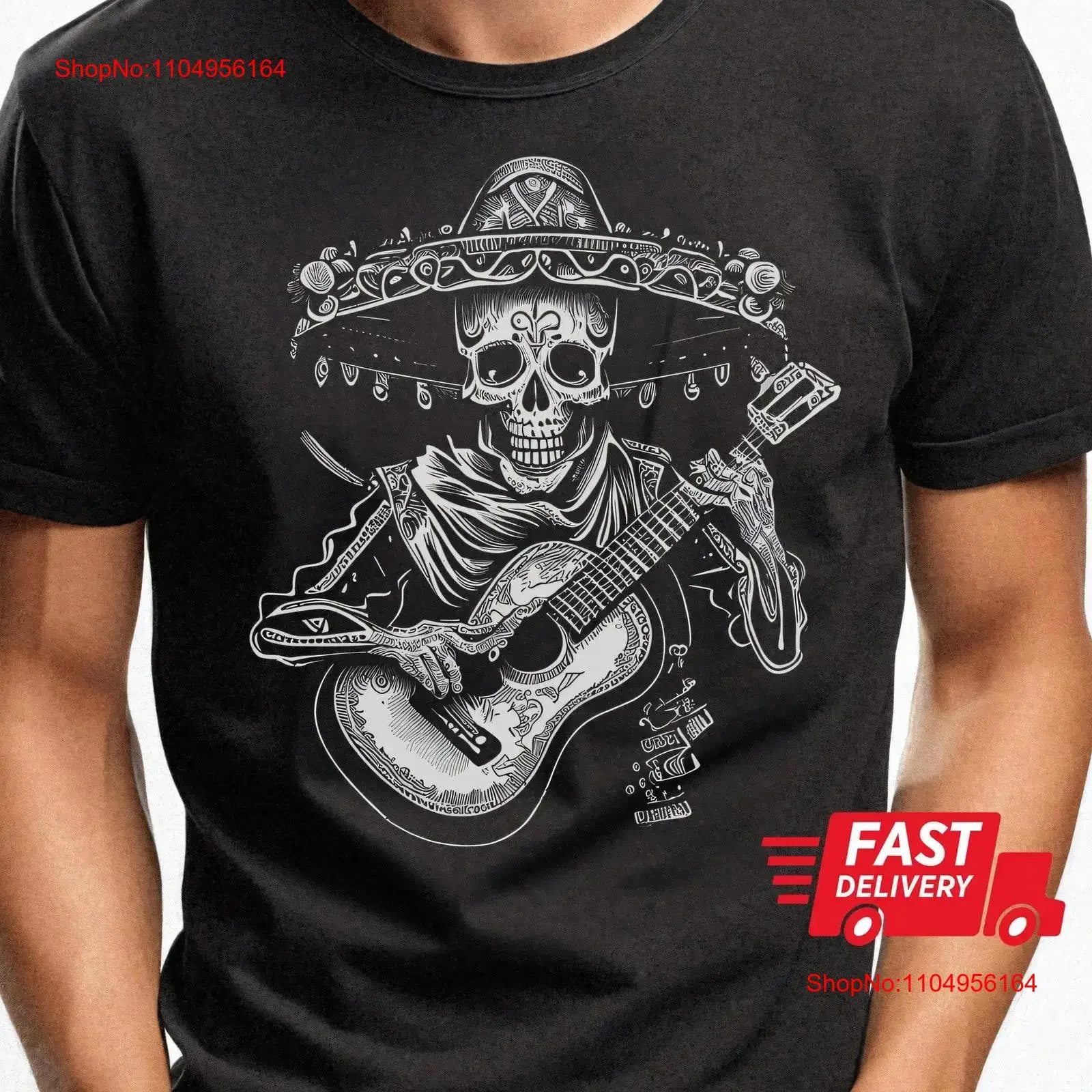 قميص Dia de los muertos يوم الموتى الهيكل العظمي T Mariachi جيتار المكسيكي الإسباني عطلة الهالوين خمر غسلها الموضة