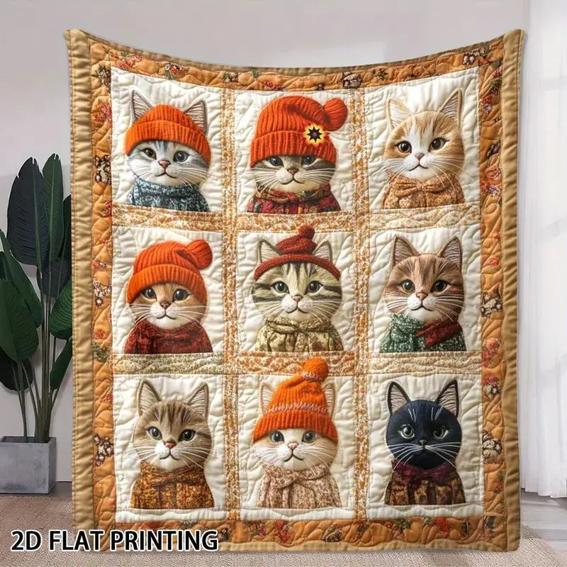 VIKAMA Blue Patchwork Cat Flannel Air Conditioner Throw Blanket Vintage Quilt Cat Print Soft Warm Sofa Bedroom Decor