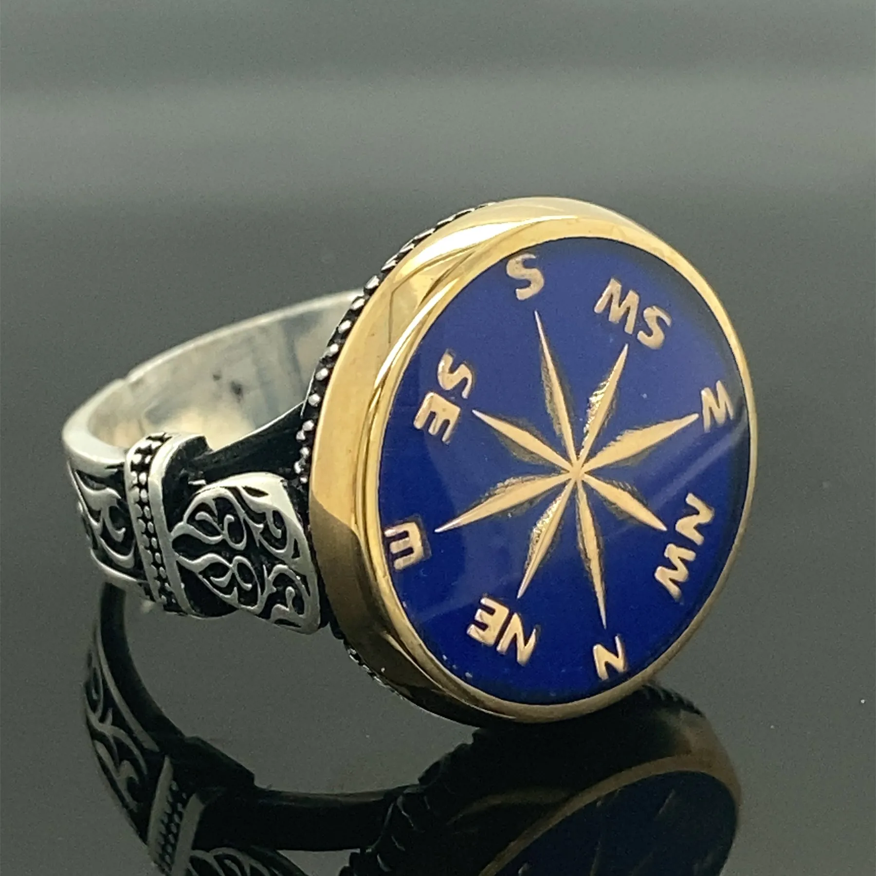 Man Handmade Compass Ring , Silver Sailor Ring , Turkısh Handmade Ring , 925k Sterling Silver Ring