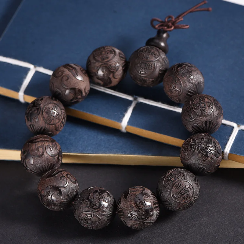 Ebony Purple Sandalwood Laser Engraved Auspicious Cloud Amitabha Buddha Ingot Beads High-Density Submersible Bracelet Prayer Bea