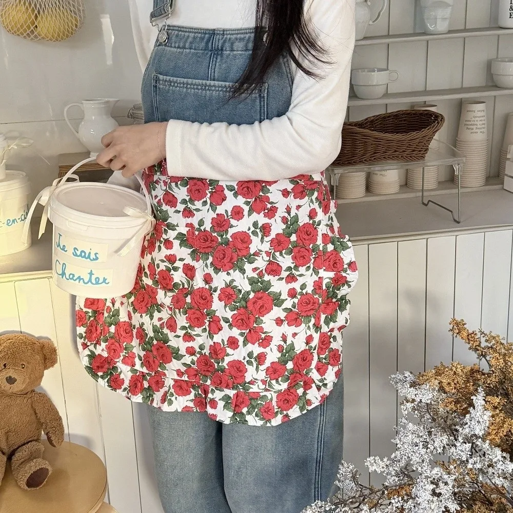 Durable Rose Flower Pattern Half Body Apron with Pocket Korean Style Work Apron Anti Fouling Cotton Apron For Kitchen