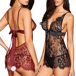 Lace Sexy Babydoll Lingerie Female Dress Backless See Through Nightdress Chemises Women Sleepwear Erotic Underwear