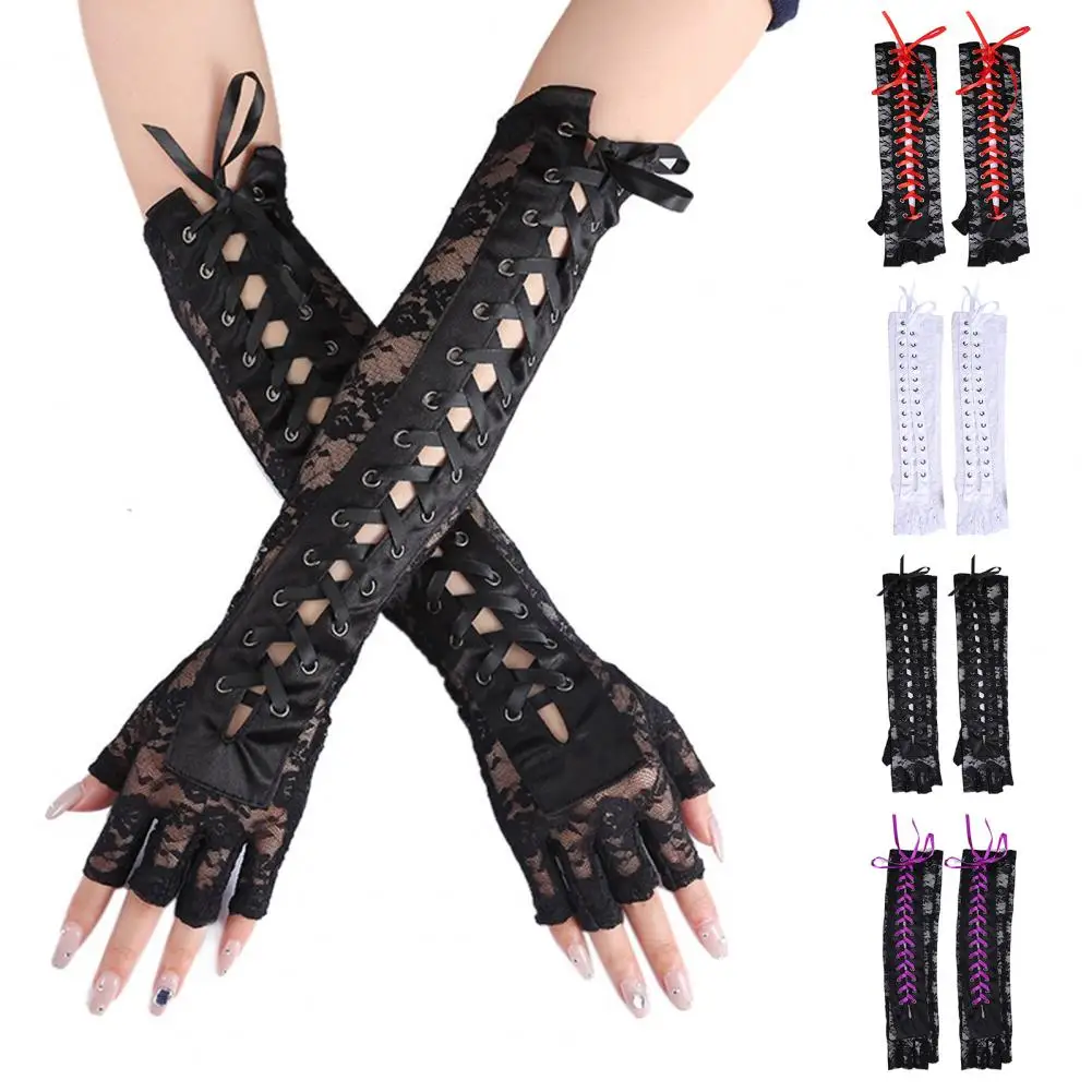 1 Pair Women Halloween Gloves Lace-up Strap Hollow Out Lace Half Finger Flower Embroidery Parties Cosplay Role Play Gloves 파티 장갑