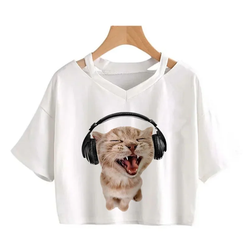 Ulzzang Aesthetic Crop Top Y2k 90s Funny Cute Cat T Shirt Women Shirt Harajuku Graphic T-shirt 90s Tshirt Top Tee Female Cropped