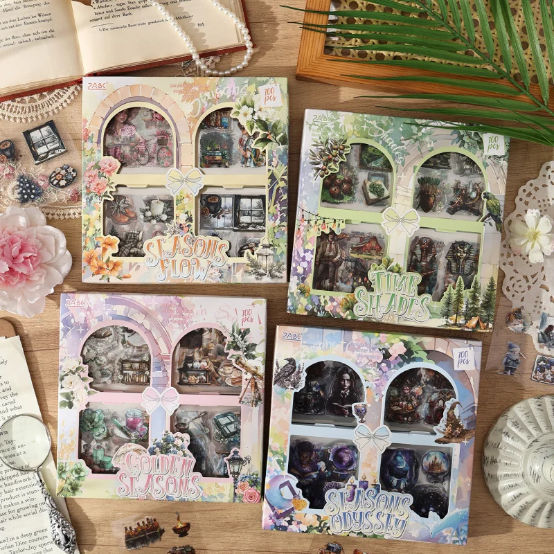 100 Stück/Box Vintage Aufkleber Set Retro Ästhetische Sticker für DIY Scrapbooking Journal Planer Bastelbedarf Geschenkbox