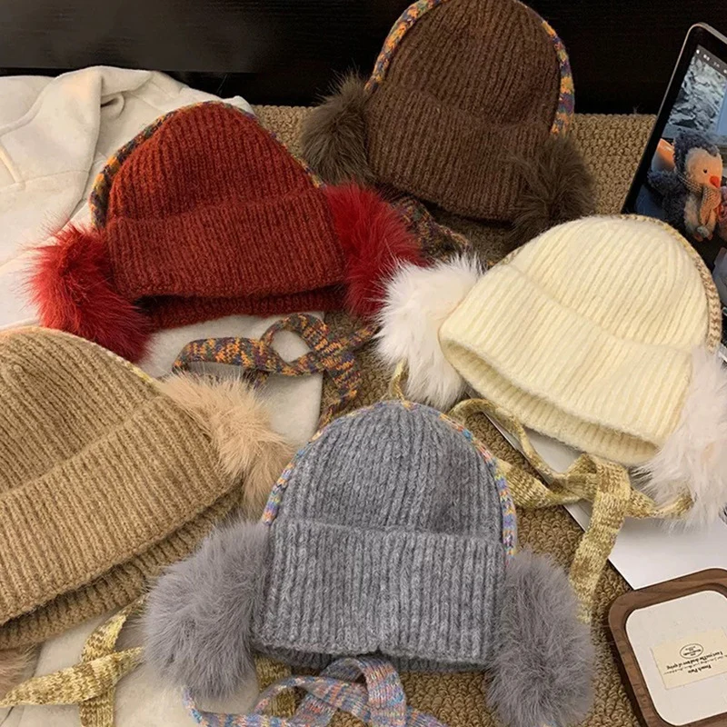 

Корейские вязаные наушники на шнуровке, зимняя вязаная теплая шапка с ремешком на голову, милая и милая вязаная шапка для девочек, детская шапка