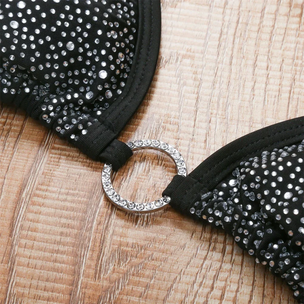 Seksowne pierścionki Rhinestone Bikini stringi Halter strój kąpielowy kobiety dwuczęściowy Trend plażowy stroje kąpielowe Y2K kostium kąpielowy