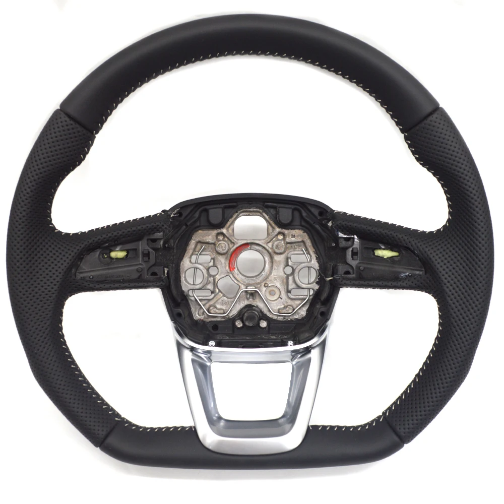 Leather Perforated Steering Wheel For Audi A4 B8 A4 B9 Q3 F3 Q5 FY White Stitching No LOGO Flat Bottomed Leather Steering Wheel