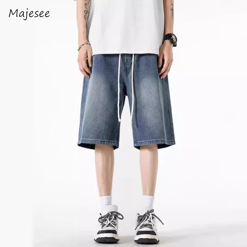 Shorts Men Denim Summer Wide Leg Trousers Casual Loose Vintage Washed Gradient Color Drawstring All-math Breathable Cozy Simple