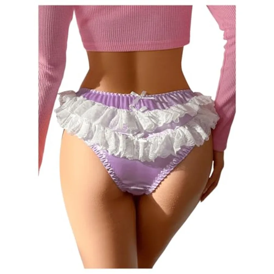 

SHENHE Women's Ruffle Lace Trim Satin Underwear Low Rise Cute Bow Bikini Panty