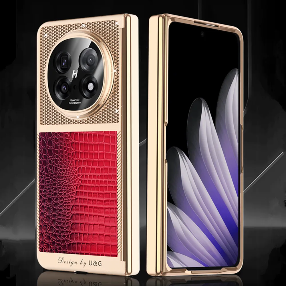 

Genuine Cowhide Leather Diamond Glossy Plastic Case For OPPO Find N5 FindN5 Crocodile Grain Magnetic Flip Hinge Cover Glass Film