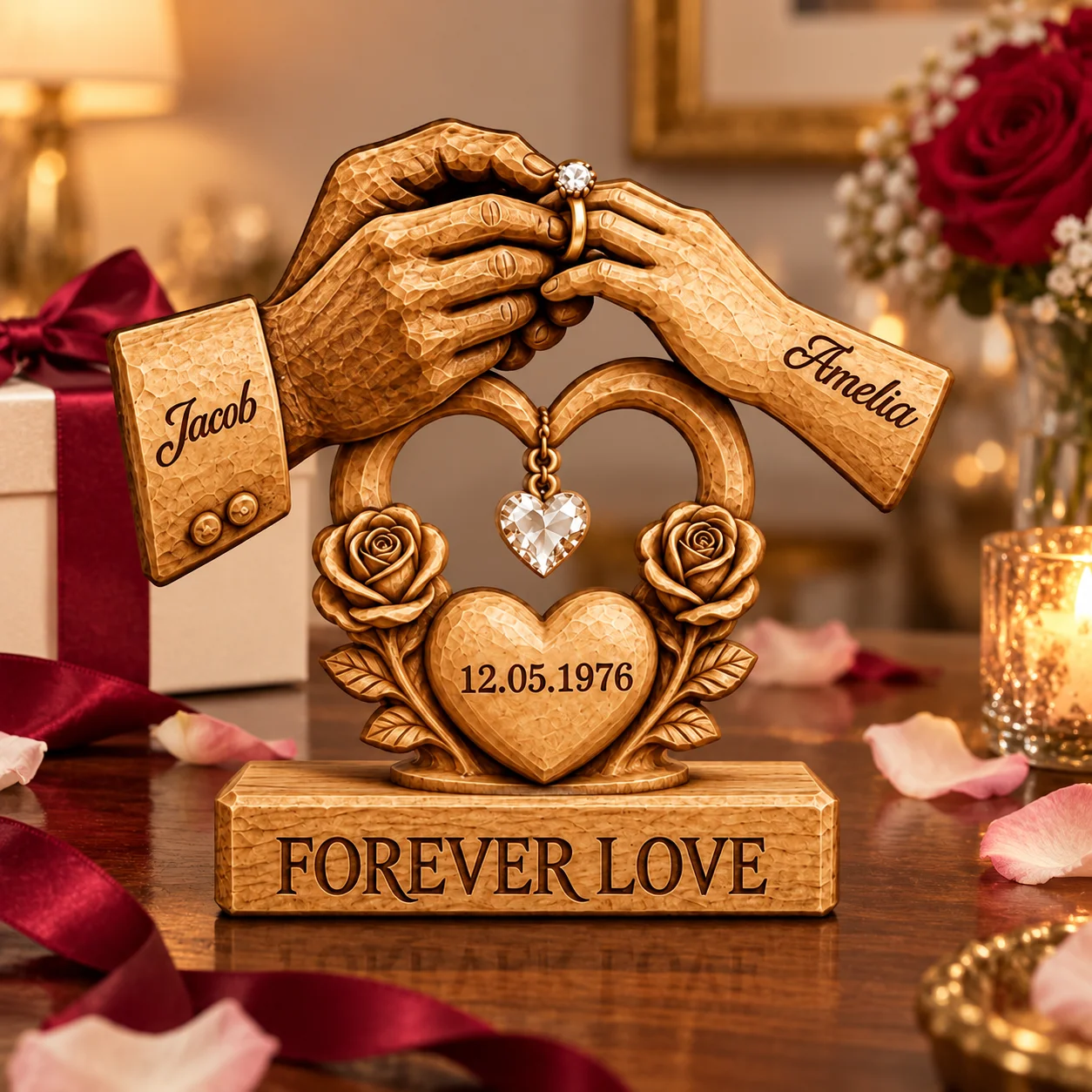 Personalisiertes Herzförmiges Paar-Namensschild aus Holz, Handgehaltener Ring, Paar-Jubiläumsgeschenk, Desktop-Holzdekoration