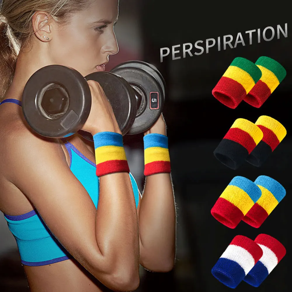3Pcs/Set Sports Striped Sweatbands Set Includes 1PC Headband and 2PCS Wristbands Colorful Cotton Sweatbands for Men Women
