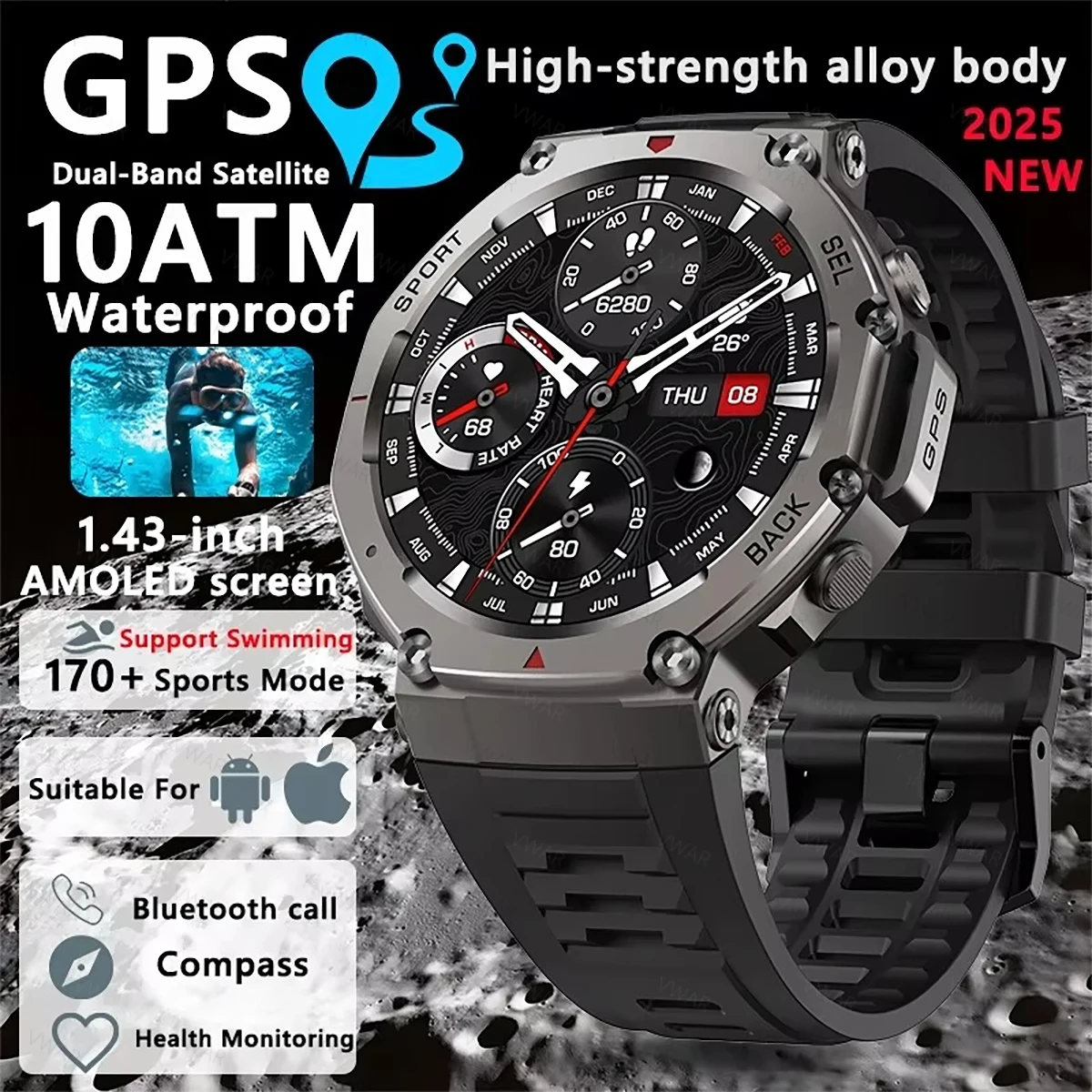 VWAR T-Rex 3 GPS Smart Watch 10 ATM Waterproof Built-in Dual-band GNSS Compass Military Sport Smartwatch Men 2025 New For Xiaomi