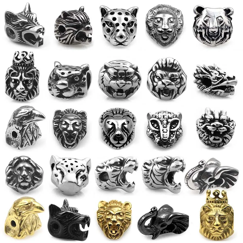 Small Hole 316l Stainless Steel Vintage Wolf Lion Leopard Animal Head Beads Charms For Charm Bracelet DIY Jewelry Making