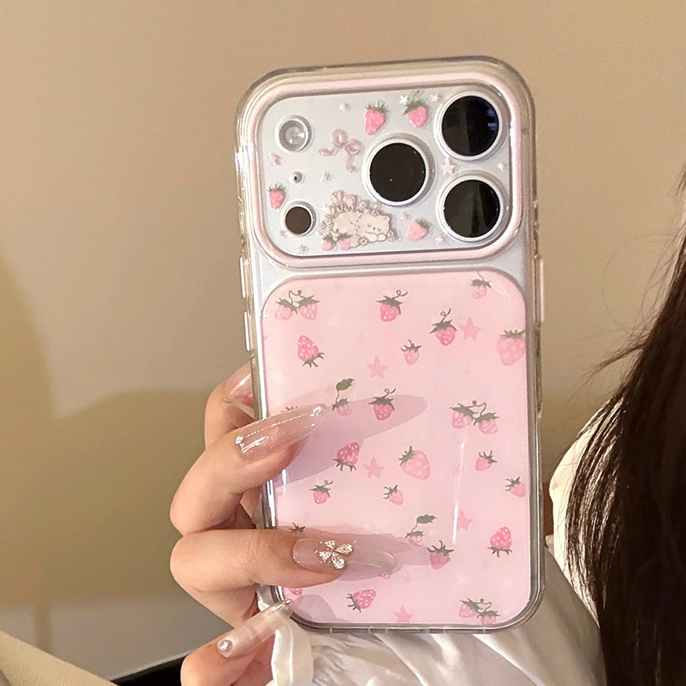 Niedliche Erdbeer-Katzen-Muster Stoßfeste Rosa Handyhülle für iPhone 17 Pro Max 16 14 15 Pro 17 Pro Max Cartoon-Kätzchen Schutzhülle
