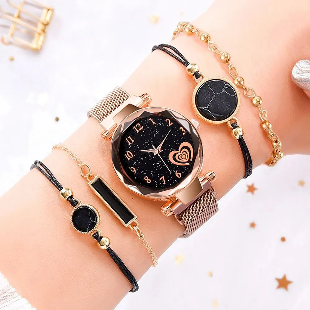 5pcs Fashion Versatile Starry Sky Love Women\'s Iron Mesh with Quartz Watch and Bracelet Set