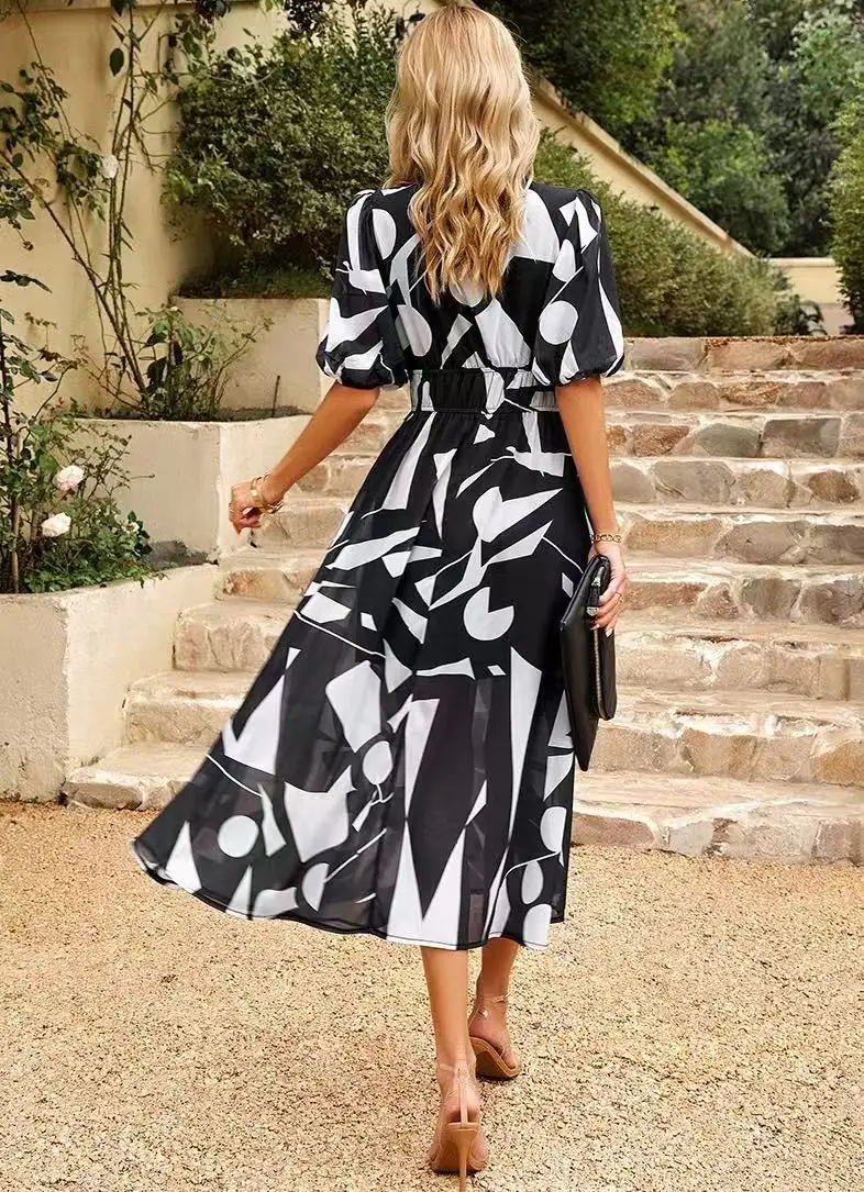 Elegantes Midikleid mit Blumendruck und V-Ausschnitt für Damen, modisches Ärmelkleid, Bohemian-Stil, Sommer, lässig, Urlaub, langes Kleid, Damen-Streetwear