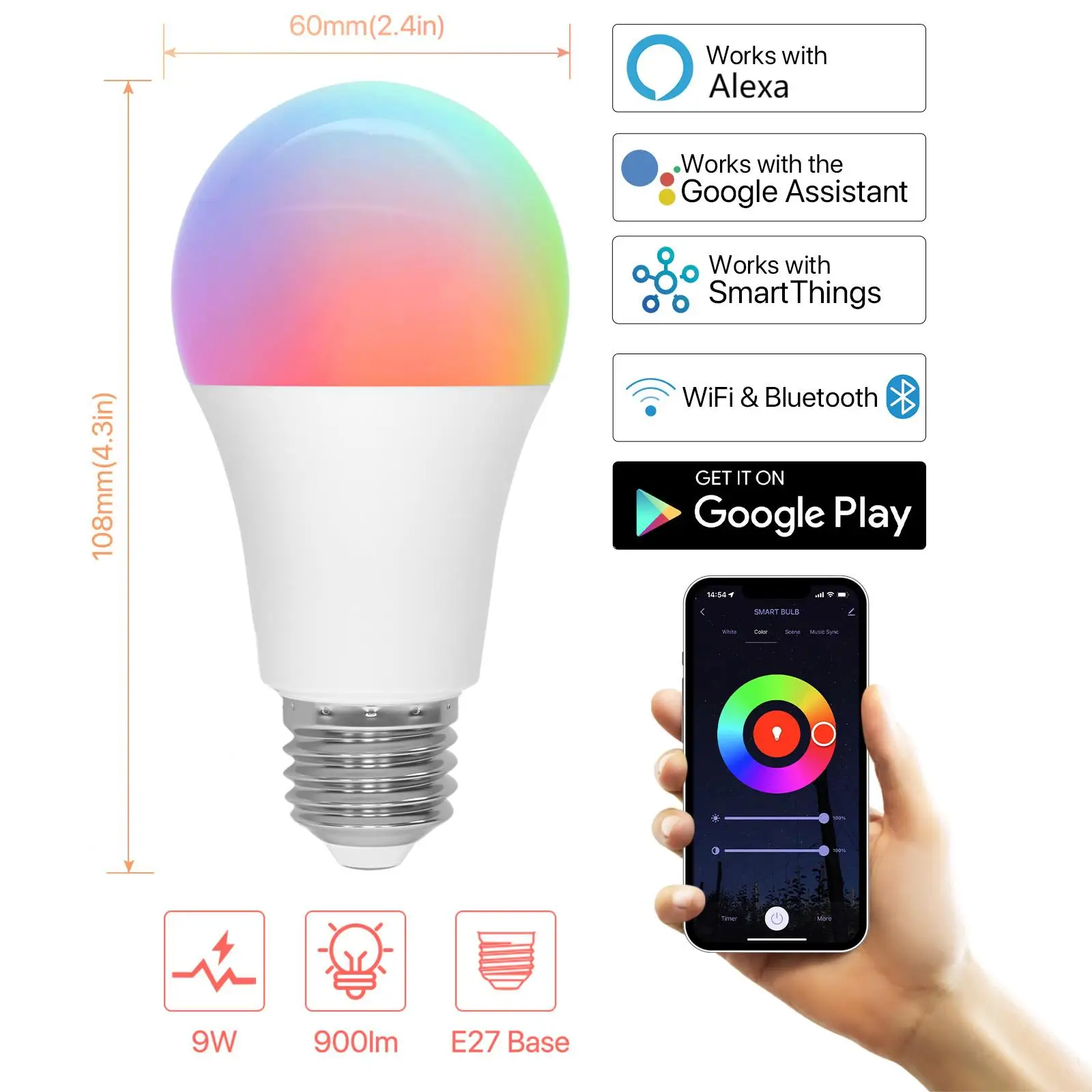 2PCS Smart Light Bulb AC220V E27 Screw LED Bulb RGBCW Color Changing work with Alexa Google Home 9W 900lm Bluetooth WiFi