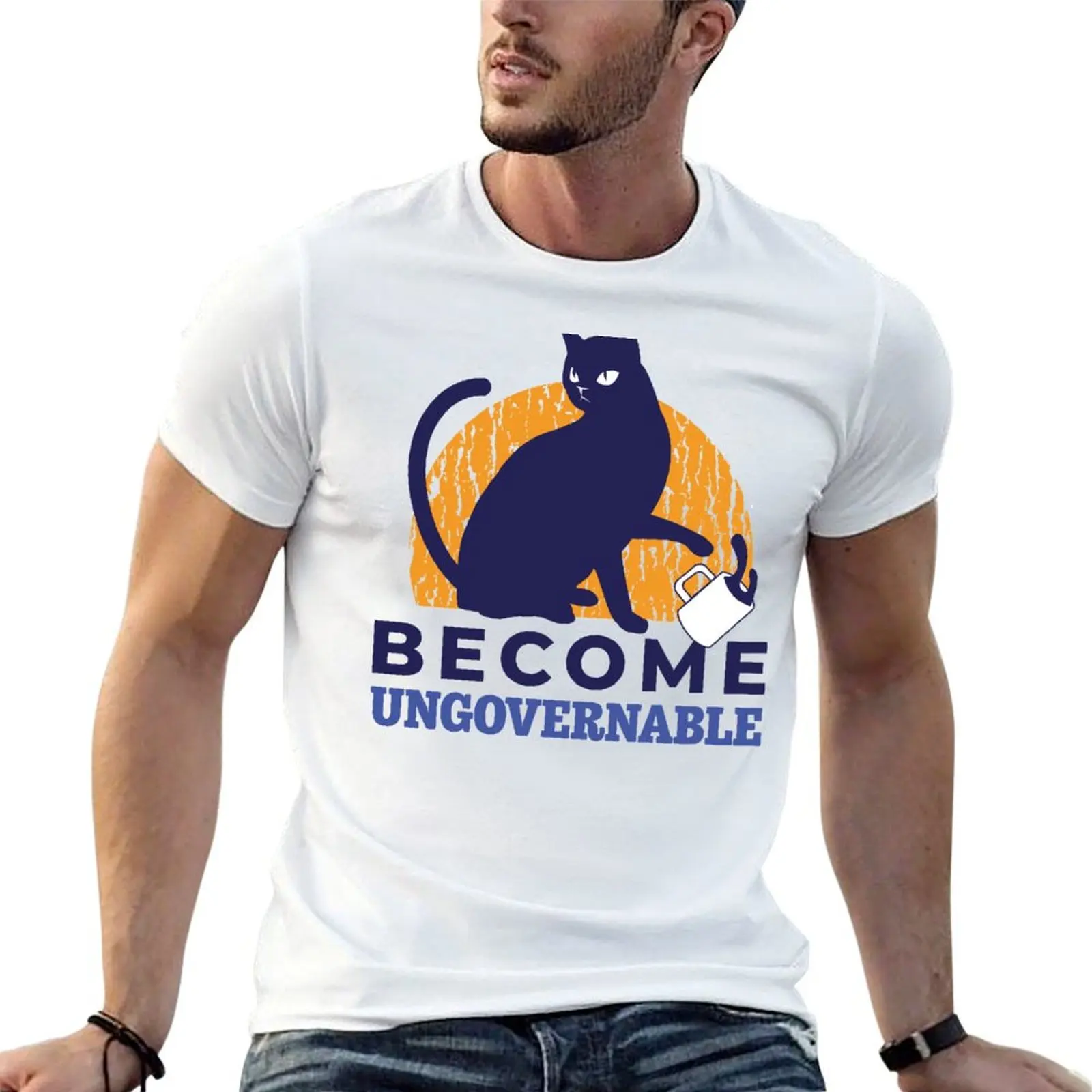 T-shirt en coton noir uni pour homme, motif « Become Ungovernable Cat Drink », t-shirt personnalisé