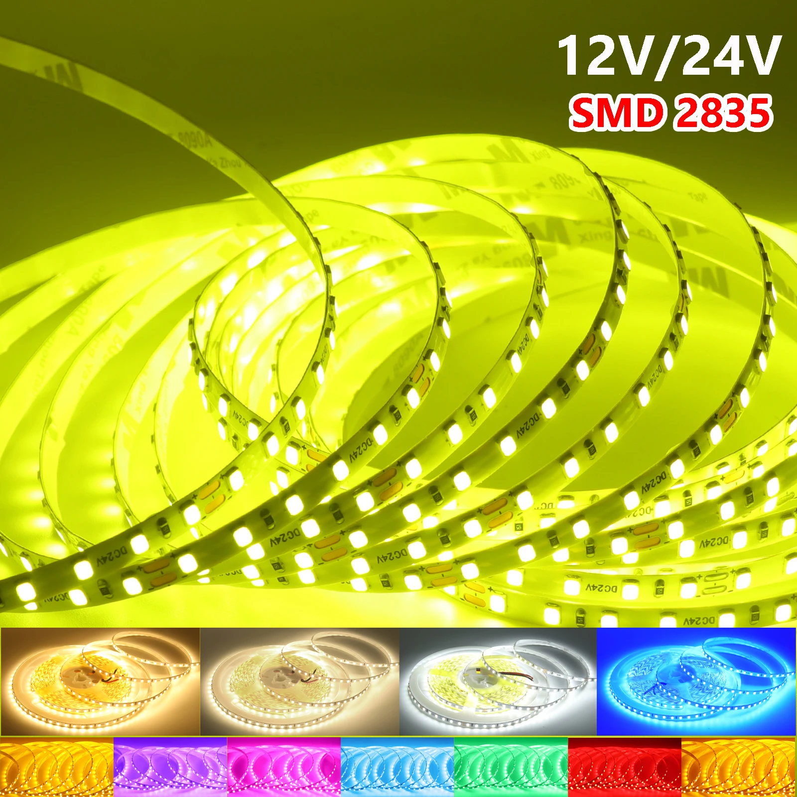 

12V 24V 5MM PCB SMD 2835 LED Strip Light 120LEDs/m High Brightness Yellow Ice Blue Red Green Pink Flexible Strips Home Decor