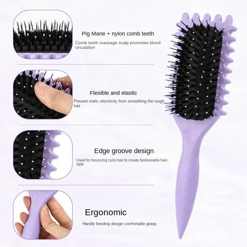 Pente de cabelo feminino em formato oco, pente de cabelo encaracolado multifuncional, massagem no couro cabeludo e escova de cabelo antiestática e