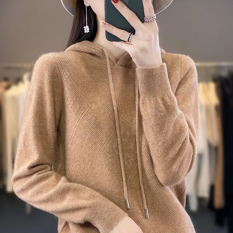 2023 New Autumn winter Cashmere hooded Women  thickened Cashmere Hoodie Women Loose Hooded Knitted  Thick Sweater