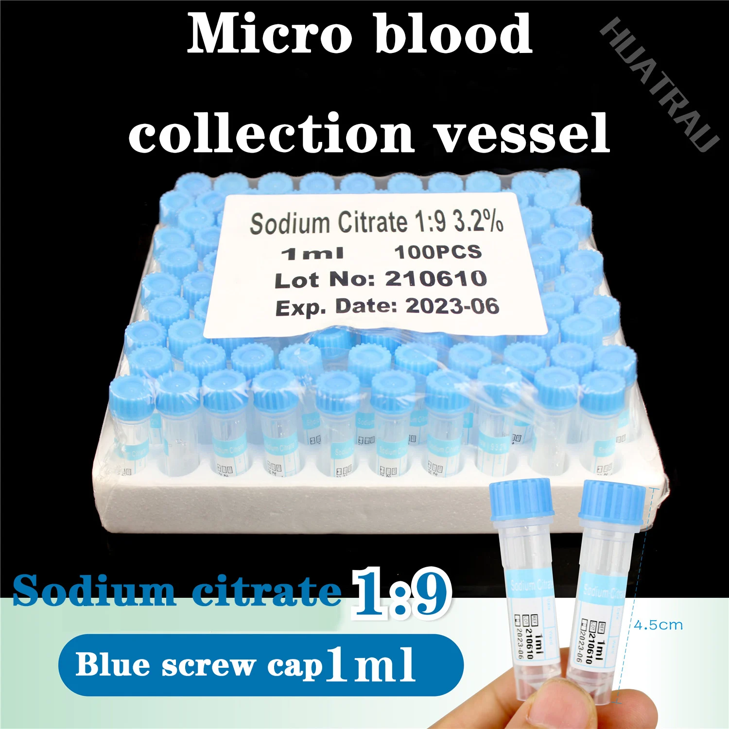 Medical hemagglutination tube 1ml lemon / sodium citrate 1:9 disposable micro blood collection vessel blue cap PET plastic