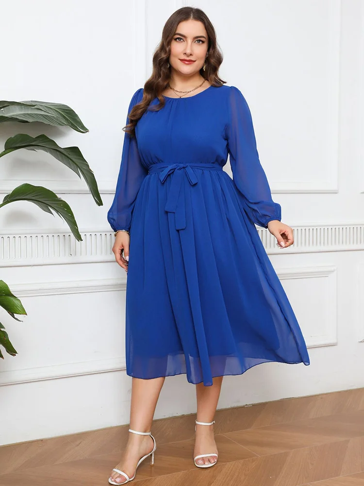 GIBSIE Plus Size Elegant O-Neck Belted Long Dress Women Spring Summer High Waist Chiffon Long Sleeve Female Solid A Line Dresses