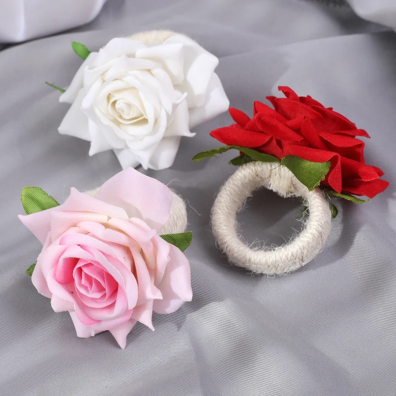 1pcs Artificial Rose Flower Napkin Ring Handicraft Silk Flower Napkin Holder Dinner Table Decor Wedding Valentine's Day Supplies