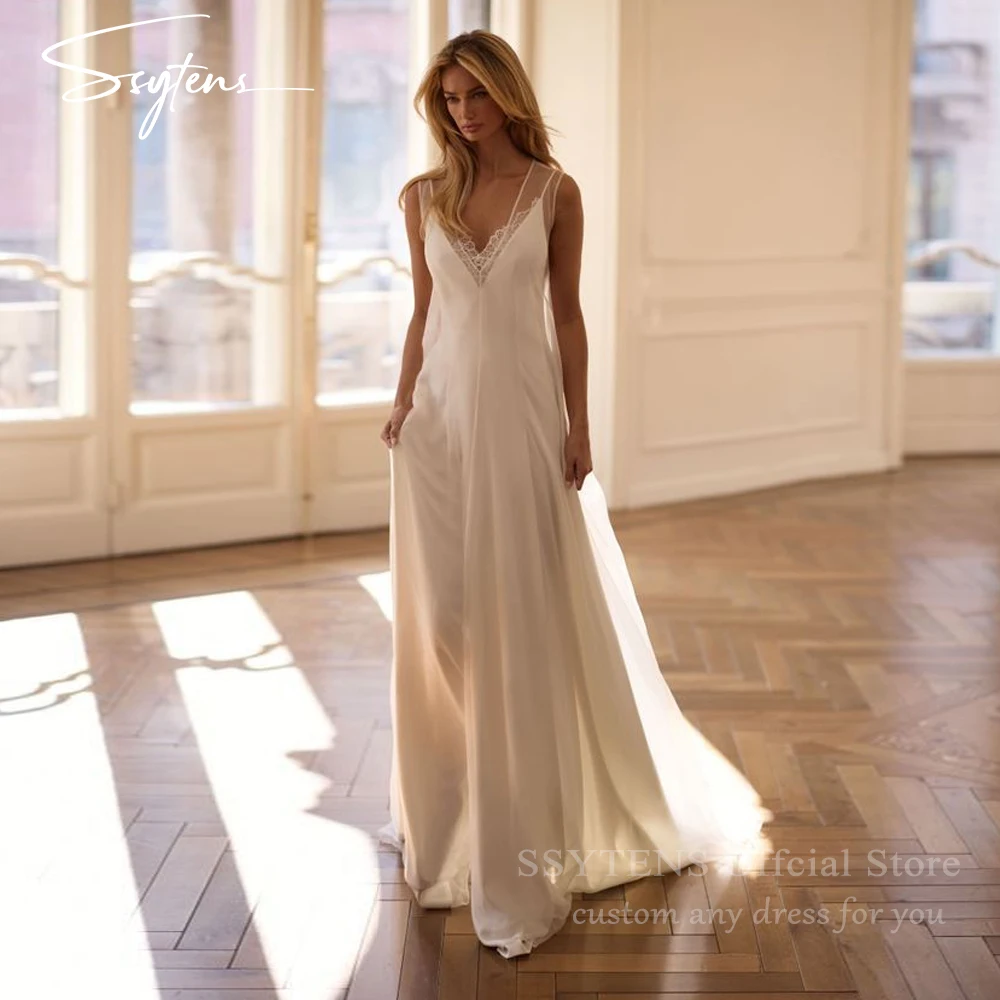 

SSYTENS Customized Soft Bride Dresses Slit Beach Wedding Dresses Lace Sleeveless 2 in 1 Reception Bridal Gowns Vestidos De Novia