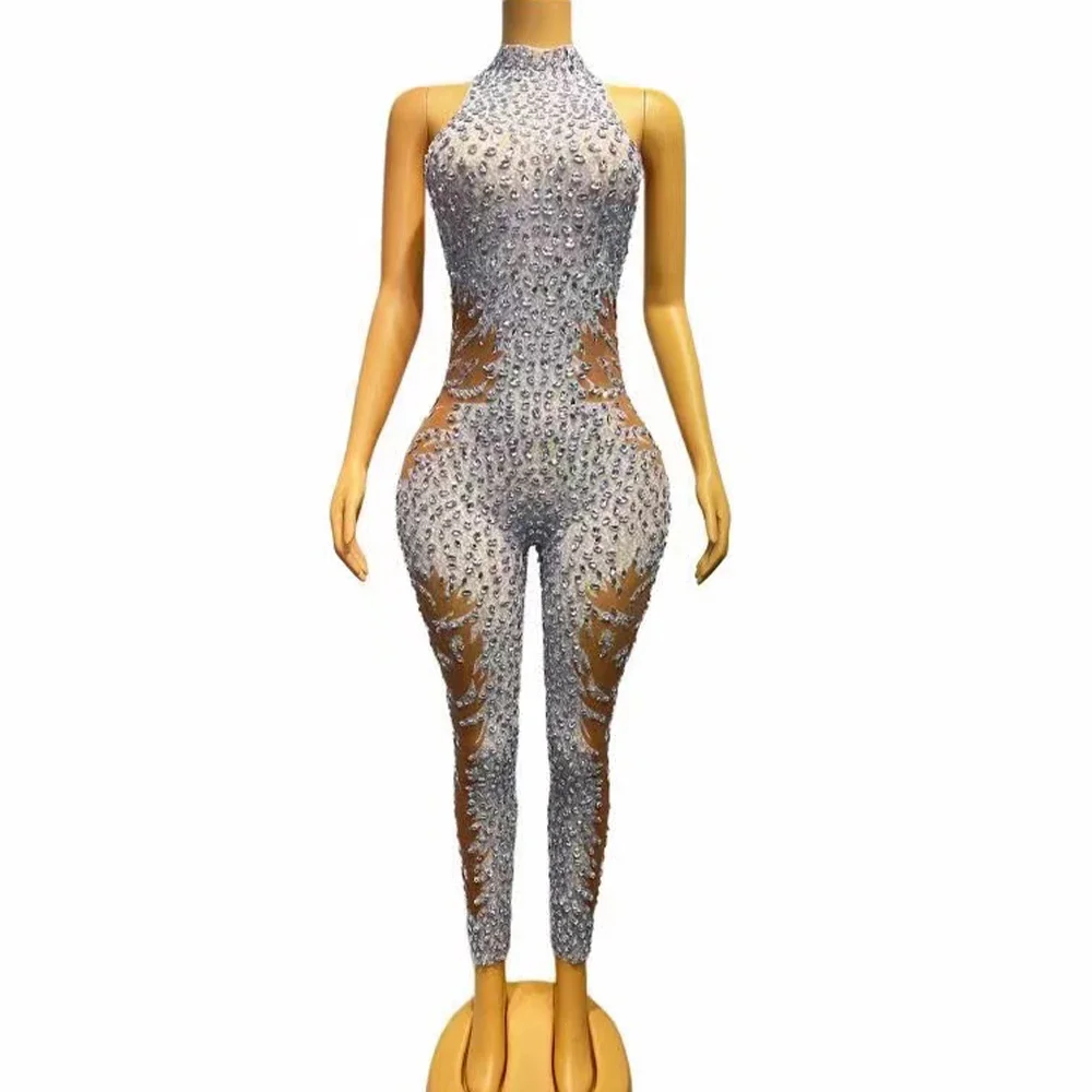 

Sexy Mesh Transparent Jumpsuit Birthday Celebrate Evening Club Party Photo Shoot Costume Stage Sleeveless Silver Rhinestones