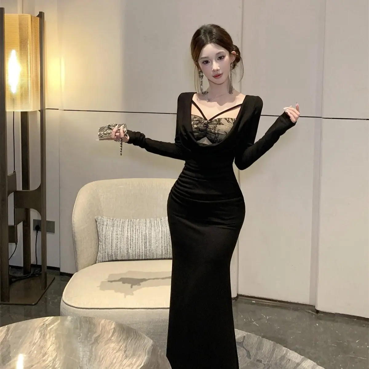 

Элегантное черное вечернее платье с кружевными вставками и длинными рукавами, многослойные оборки, облегающий силуэт, фасон «русалка», для весенне-осенних вечеринок, роскошное.