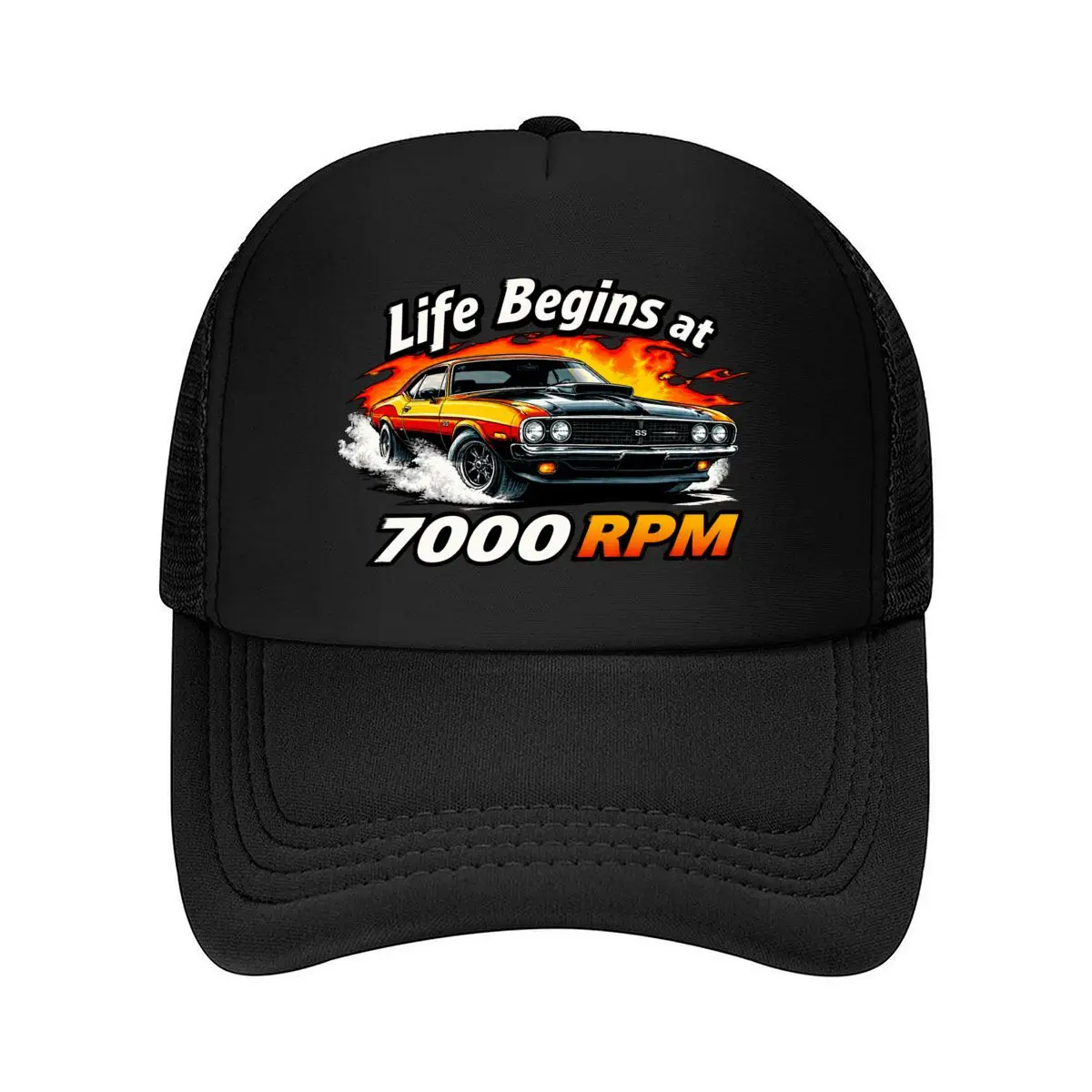 Life Begins At 7000 RPM Muscle Car Burnout Mesh Baseball Cap Hip Hop