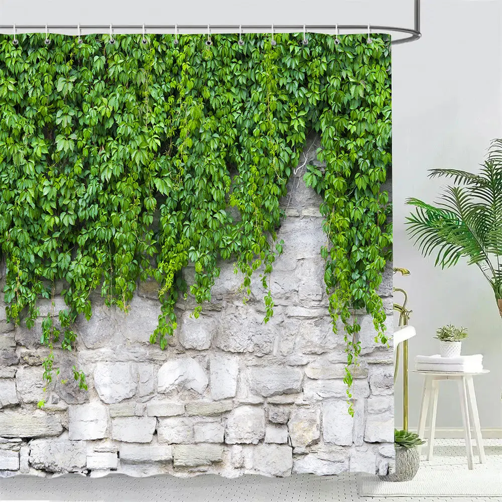 Vine Green Leaves Shower Curtain Vintage Wall Ivy Leaf Garden Plant Bath Curtains Set Polyester Fabric Bathroom Decor with Hooks