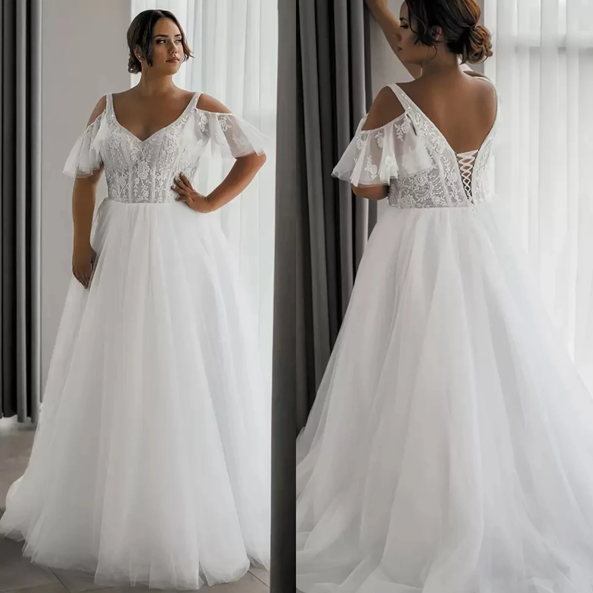 

Plus Size Corset Wedding Dresses Short Sleeves V Neck Backless A Line Long Bridal Gowns Lace Appliques Top Elegant Boho Beach