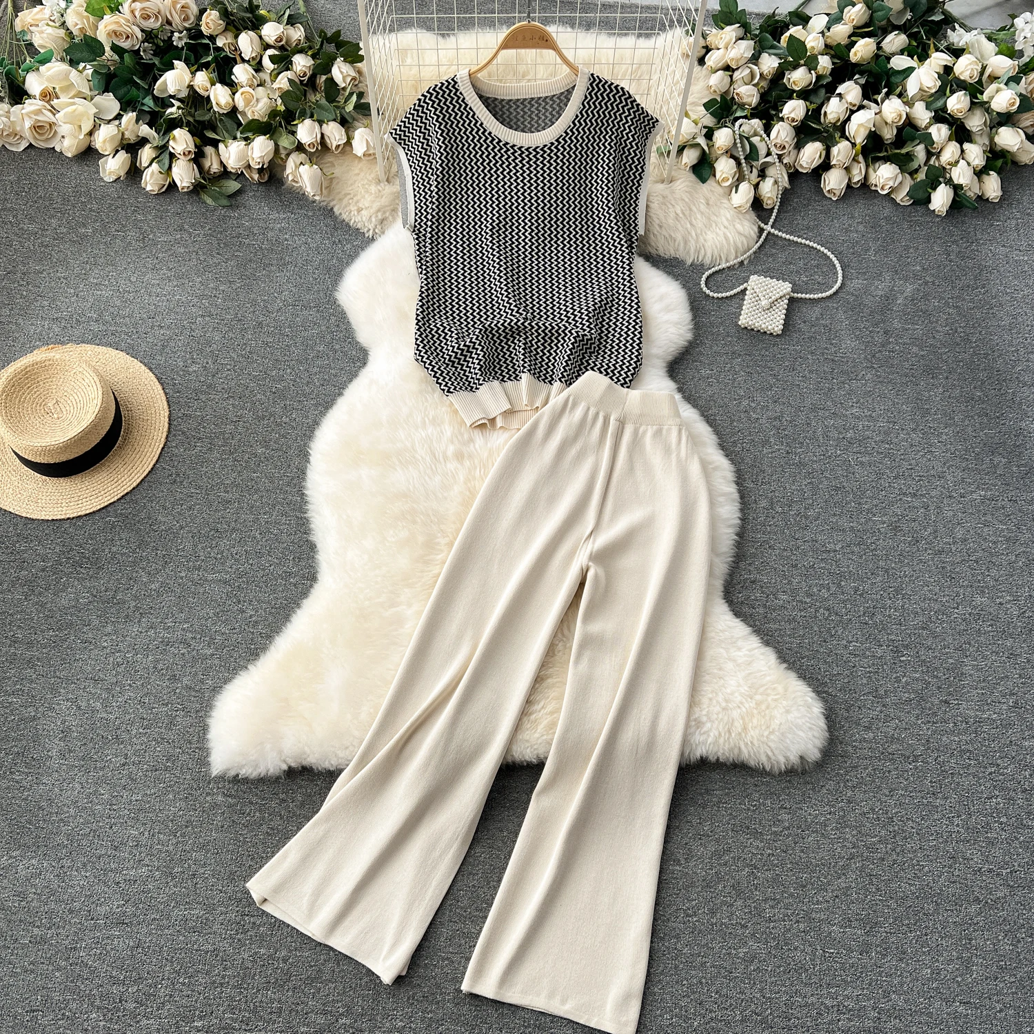 

ALPHALMODA 2024 Spring Wave Pattern Knit Sweater + Wide Leg Pants Women's Fashion Two-piece Suit