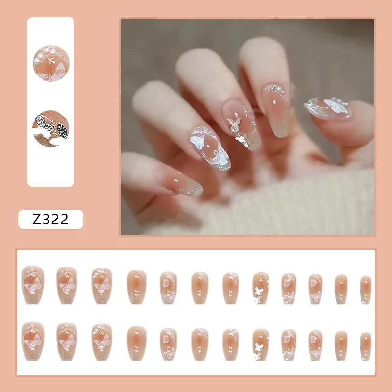 24pcs 3d Butterfly Pearl Press on Nails Set Fake Nail Art Acyrlic Korean Girl Finger Nail Tips for Gluing Artificial False Nails