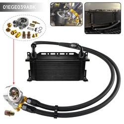 Universal 16 Row Oil Cooler+AN10 Oil Adapter w/Thermostat +Braided Hose Line Kit Silver / Black