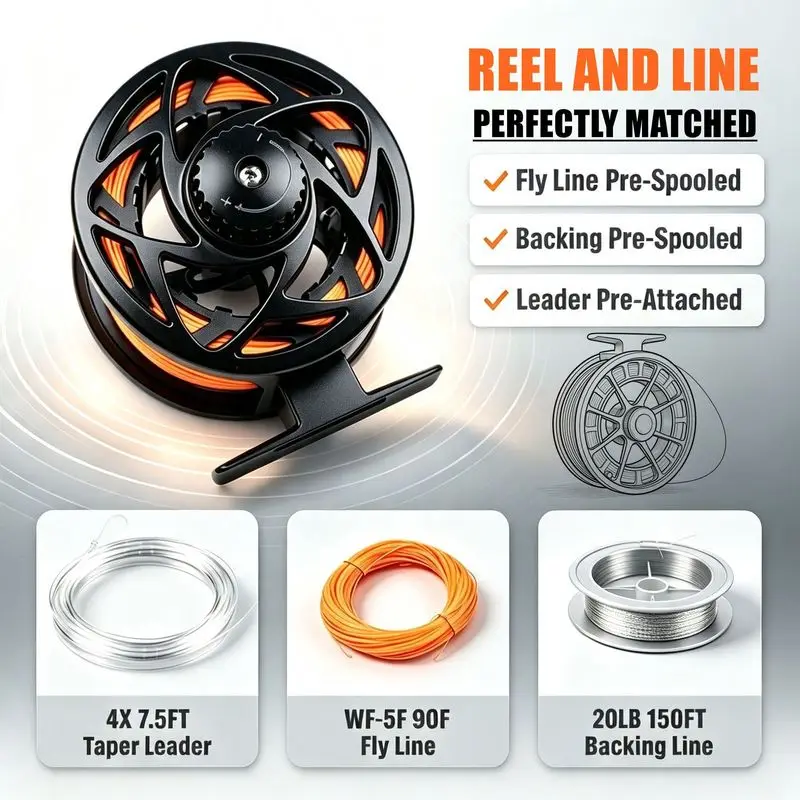 New fly fishing reel and line set, featuring a metal die-cast fly fishing reel with a front-wheel design for adjusting line tens
