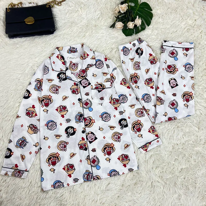 Bandai new Luffy silk pajamas female cute cartoon casual and comfortable pure cotton breathable loose home women's pajamas