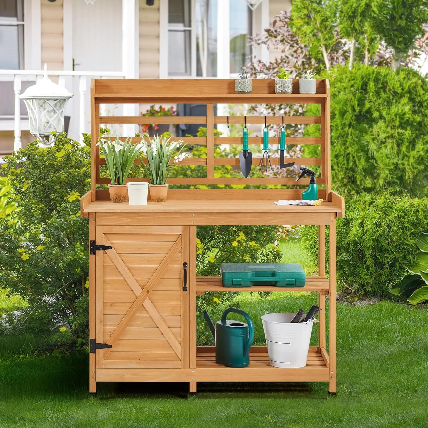 Outdoor Eco-Friendly Wooden Potting Bench Large Horticulture Work Table Workstation Storage Cabinet Shelf Planting Garden