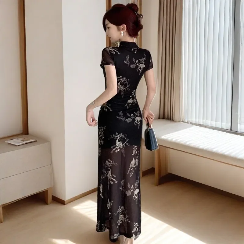 Vintage Chinese National Style Slimming Modified Cheongsam Dress Women's 2025 New Summer Chic Y2K Slim Elegant Split Long Dress