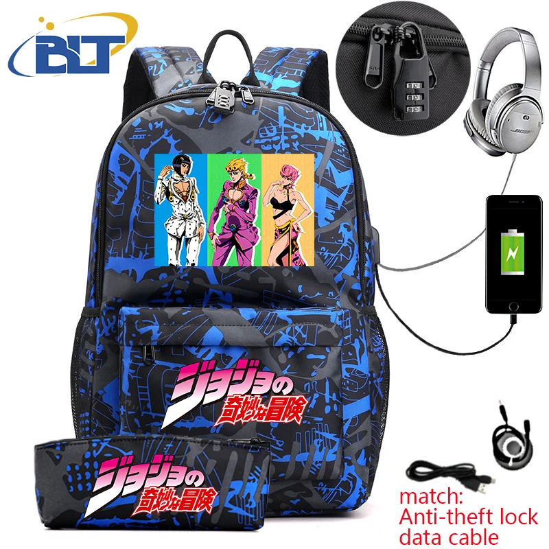 Jojo Bizarre Adventure anime student school bag USB backpack pencil case 2-piece set for boys and girls