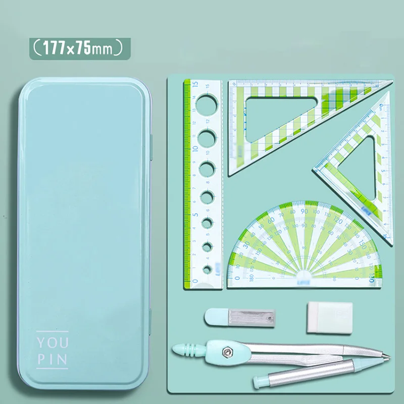 7Pcs/Set Ruler Compass with Metal Box Geometry Maths Drawing Compass Stationery Rulers Mathematical Compass for School