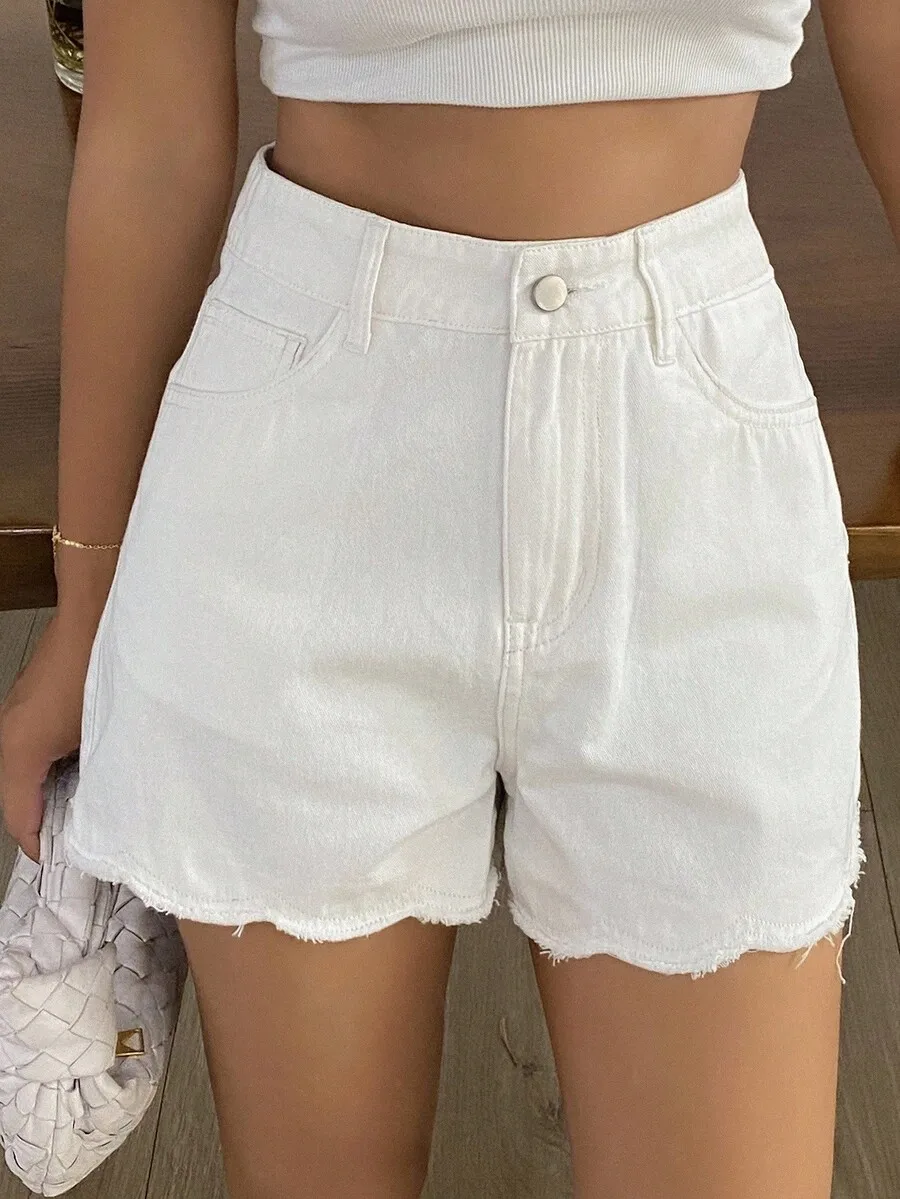 Women Loose Casual Denim Shorts Summer High Waist Frayed Hem Jorts