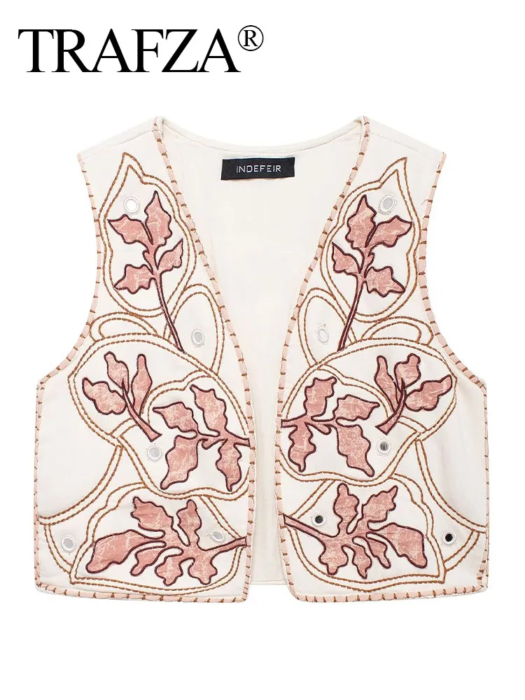 TRAFZA Summer Women's Vest Tops Flower Embroidery V-Neck Sleeveless Mirror Effect Decorate Women Vintage Cardigan Top Mujer