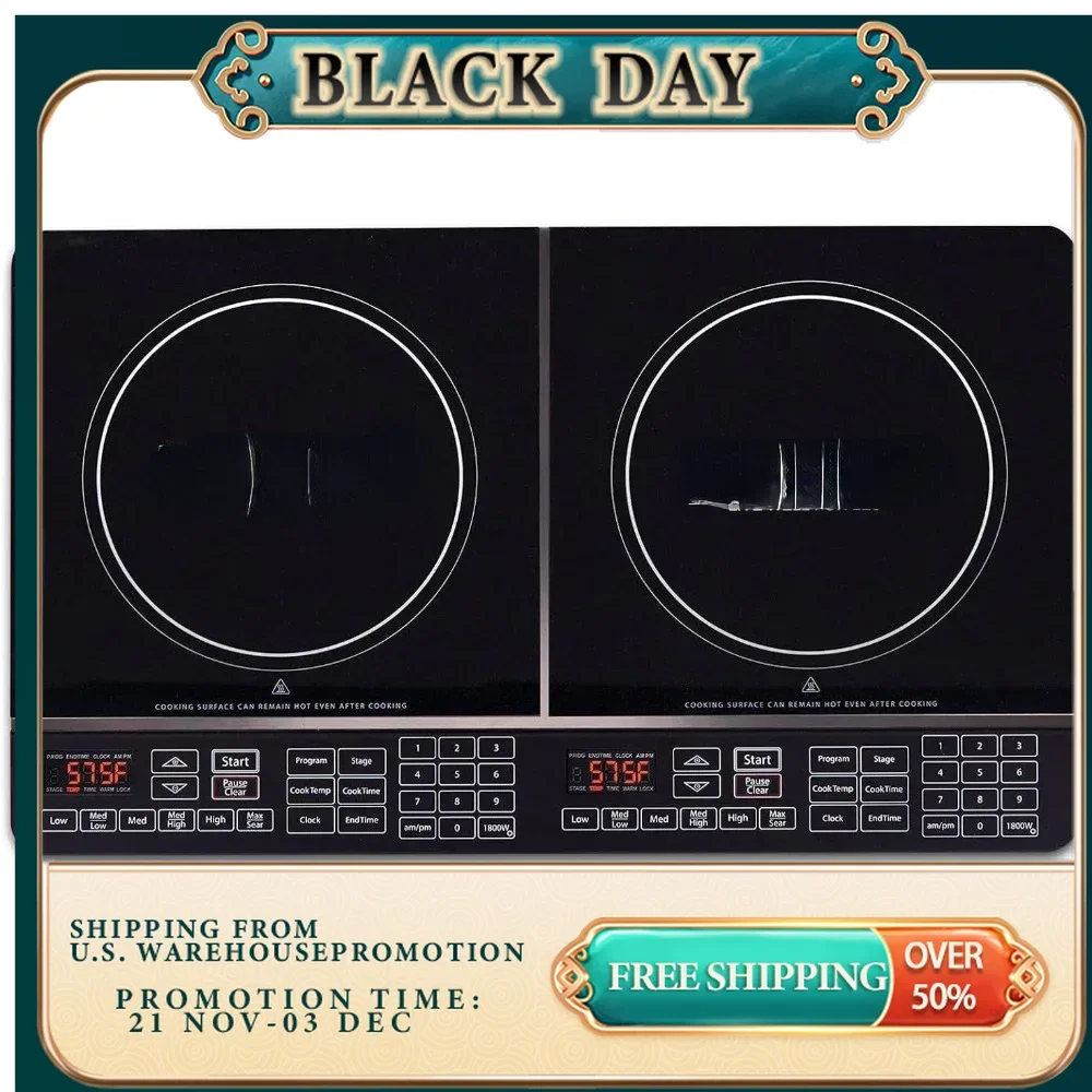 Double Induction Cooktop, 2 Large 8” Heating Coils, Independent Controls,  2 x 11.5” Shatter-Proof Ceramic Glass Surface